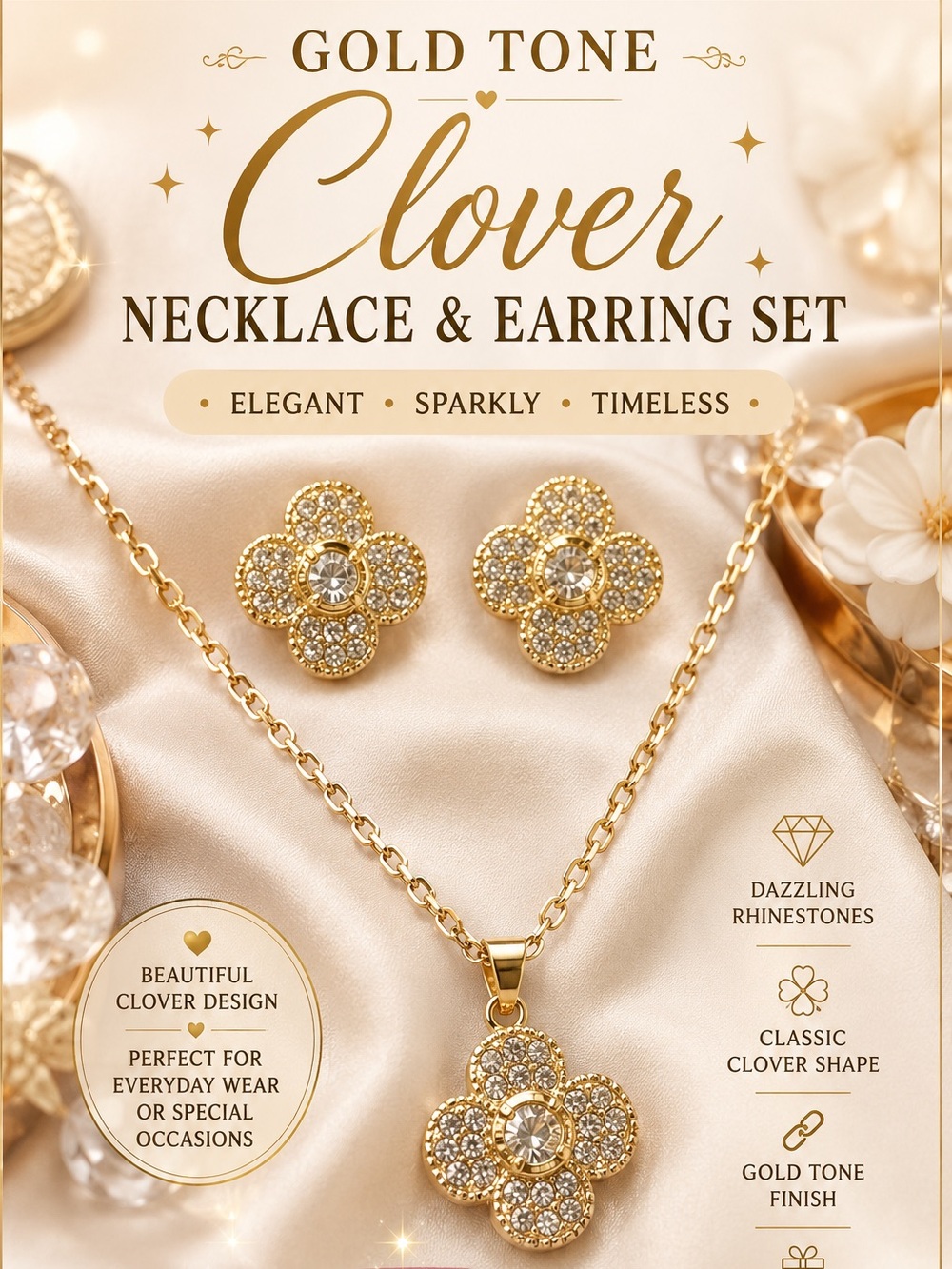 Clover Crystal Necklace & Earring Set - Gold or Silver